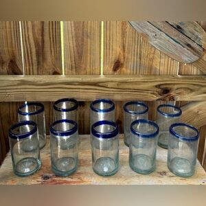 Pier 1 Mexican Blown Glass Thick Water Tumblers with Blue Rim 16-19oz